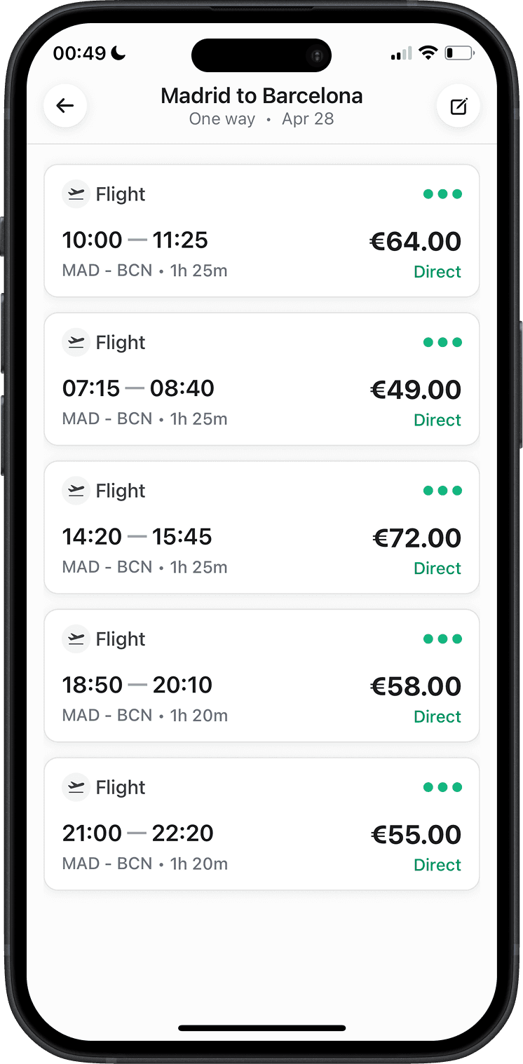 Travelcomputer iOS app showing AI-powered flight search results